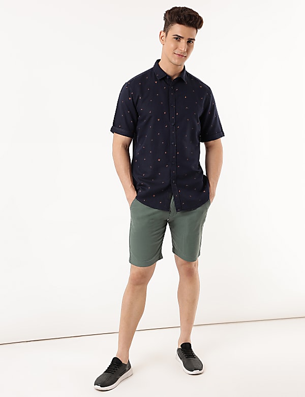 Linen Mix Printed Spread Collar Shirt