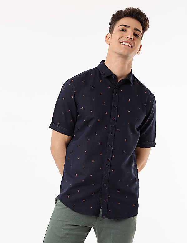 Linen Mix Printed Spread Collar Shirt