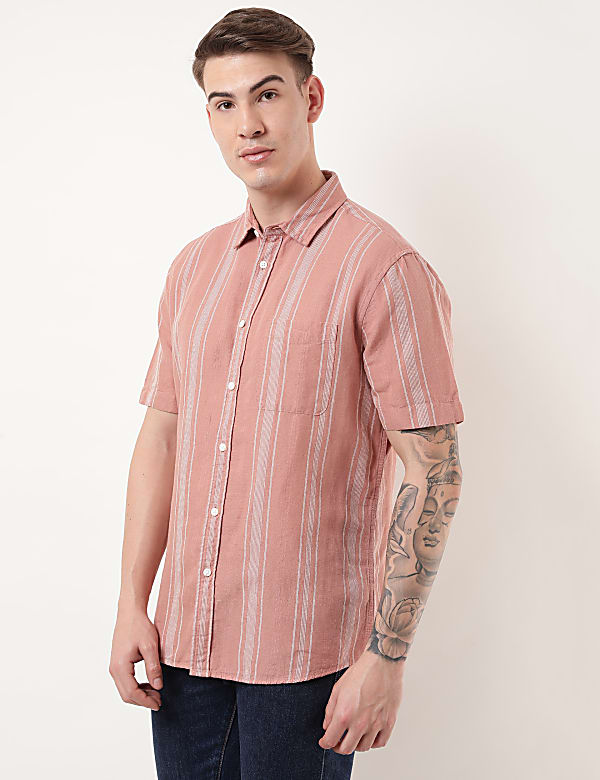 Linen Mix Striped Spread Collar Shirt