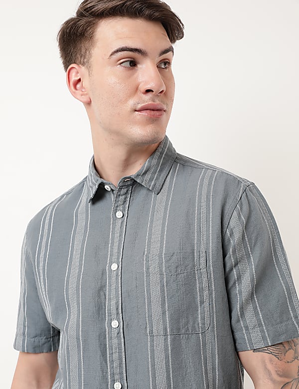 Linen Mix Striped Spread Collar Shirt