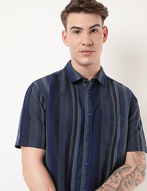 Linen Mix Striped Spread Collar Shirt