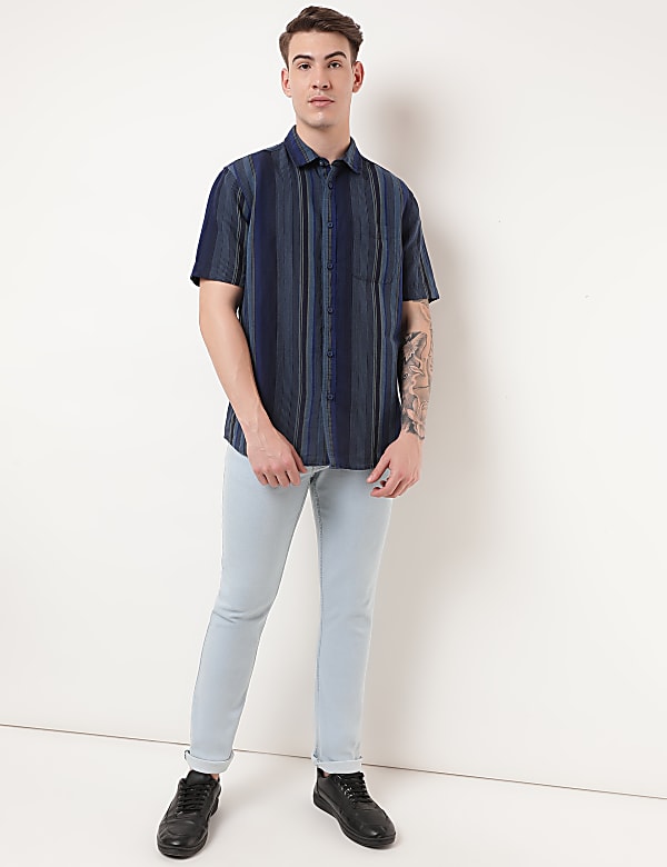 Linen Mix Striped Spread Collar Shirt