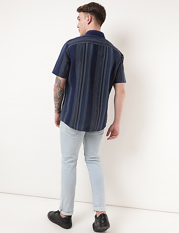 Linen Mix Striped Spread Collar Shirt