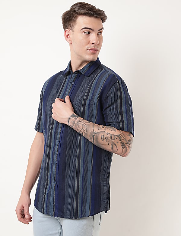 Linen Mix Striped Spread Collar Shirt