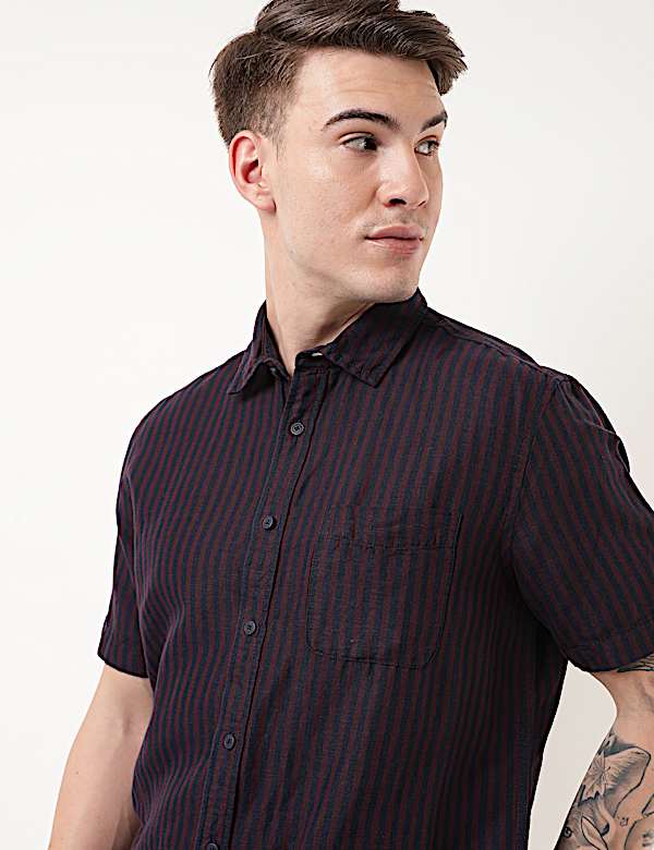 Linen Mix Striped Spread Collar Shirt