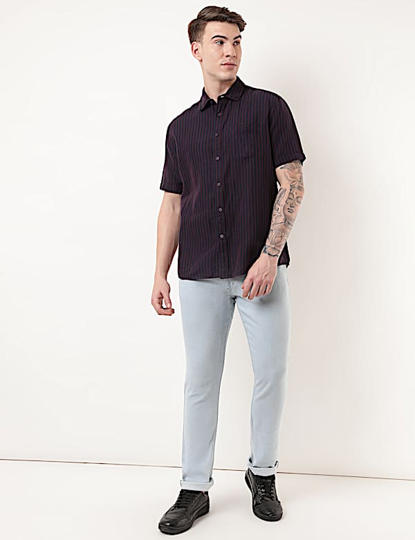 Linen Mix Striped Spread Collar Shirt