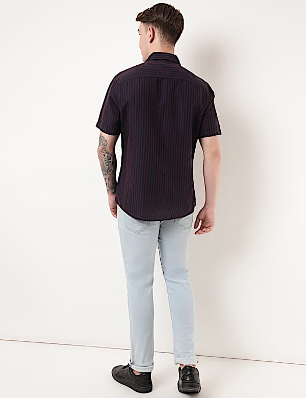 Linen Mix Striped Spread Collar Shirt