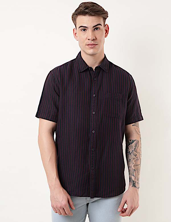 Linen Mix Striped Spread Collar Shirt
