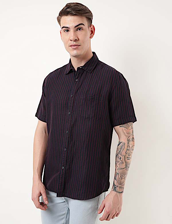 Linen Mix Striped Spread Collar Shirt