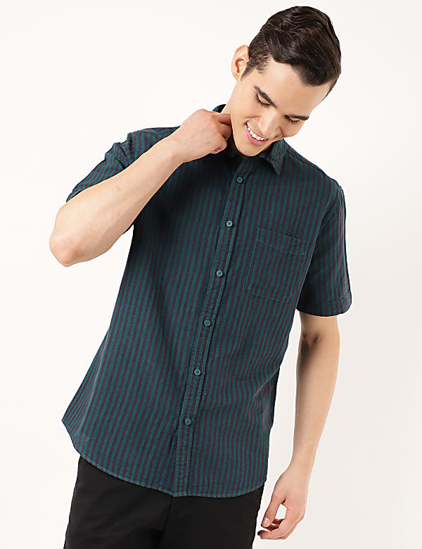 Linen Mix Striped Spread Collar Shirt