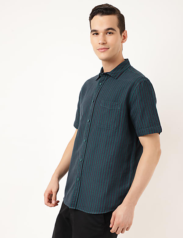 Linen Mix Striped Spread Collar Shirt
