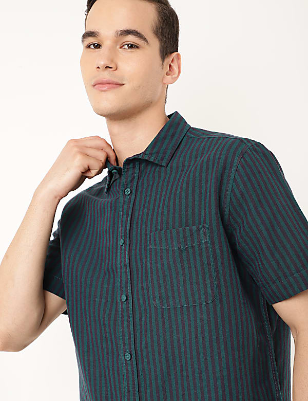 Linen Mix Striped Spread Collar Shirt