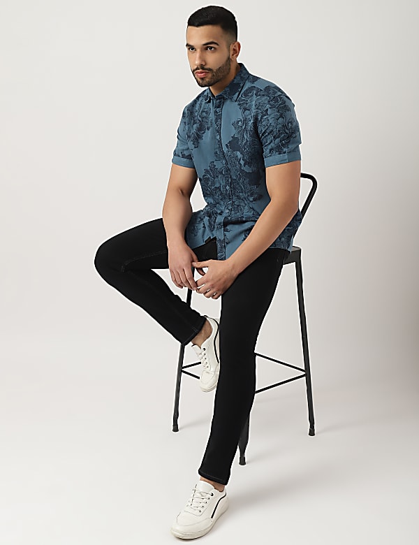 Flax Mix Floral Print Spread Collar Shirt