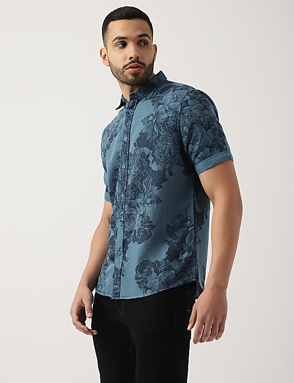 Flax Mix Floral Print Spread Collar Shirt