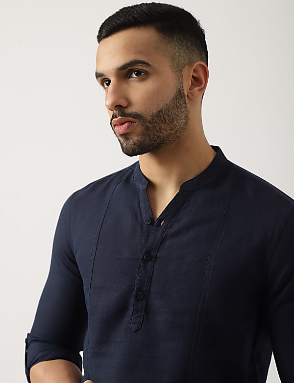 Linen Mix Plain Mandarin Collar Shirt