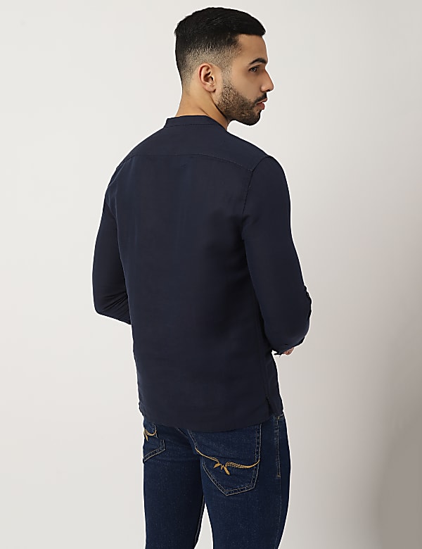 Linen Mix Plain Mandarin Collar Shirt