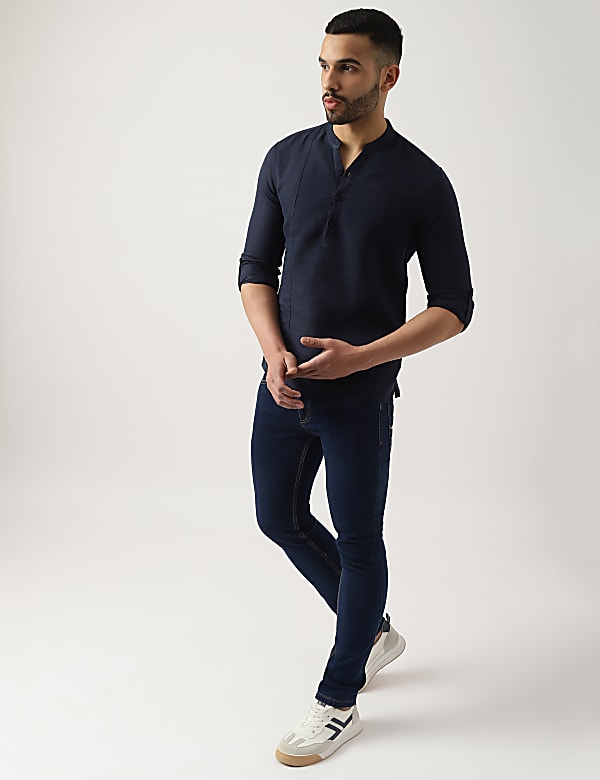 Linen Mix Plain Mandarin Collar Shirt