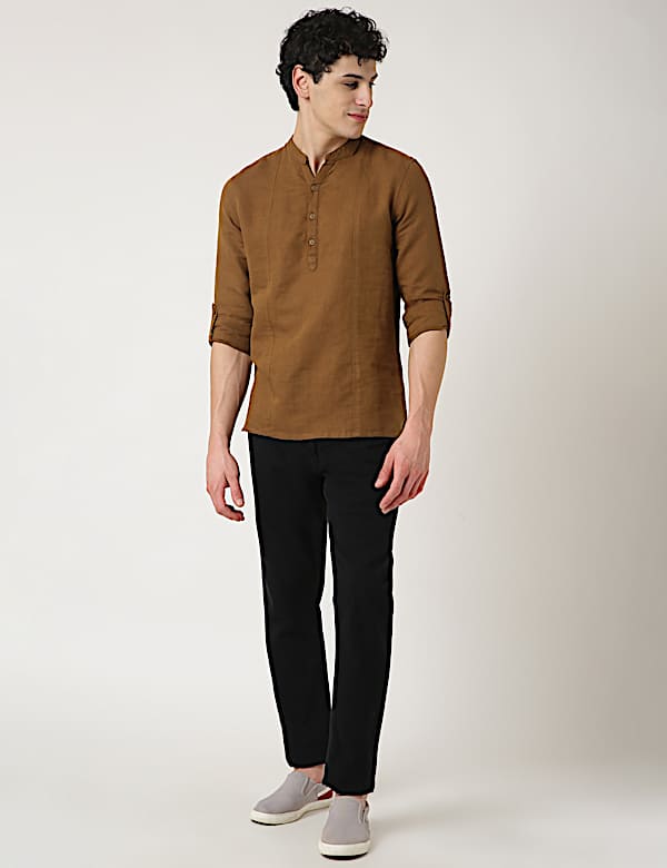 Linen Mix Plain Mandarin Collar Shirt