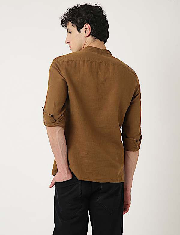 Linen Mix Plain Mandarin Collar Shirt