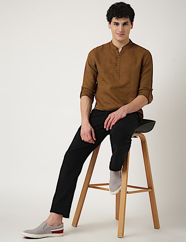 Linen Mix Plain Mandarin Collar Shirt