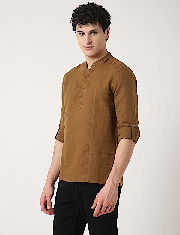 Linen Mix Plain Mandarin Collar Shirt