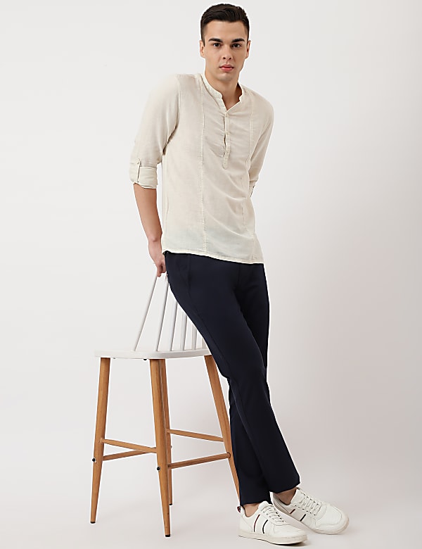 Linen Mix Plain Mandarin Collar Shirt