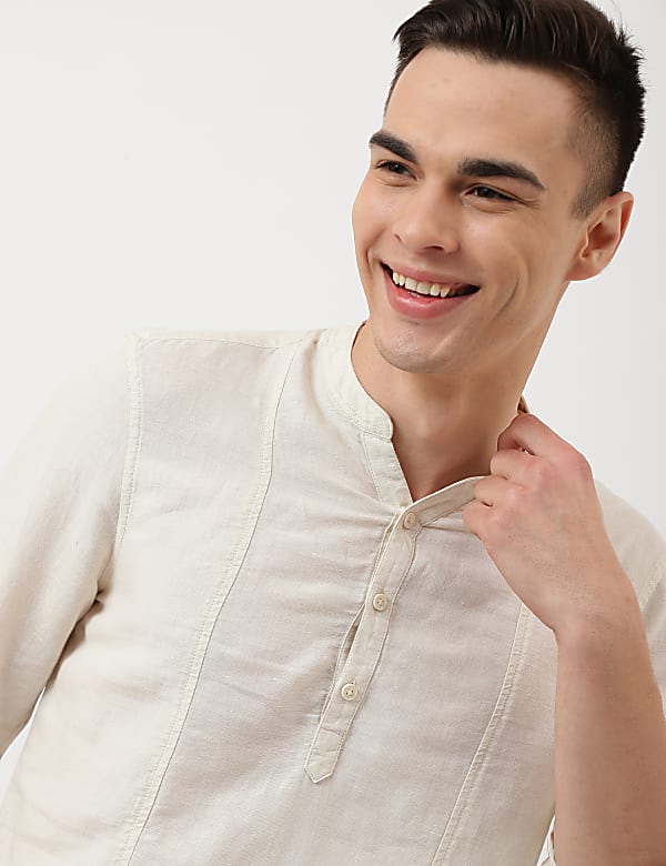 Linen Mix Plain Mandarin Collar Shirt