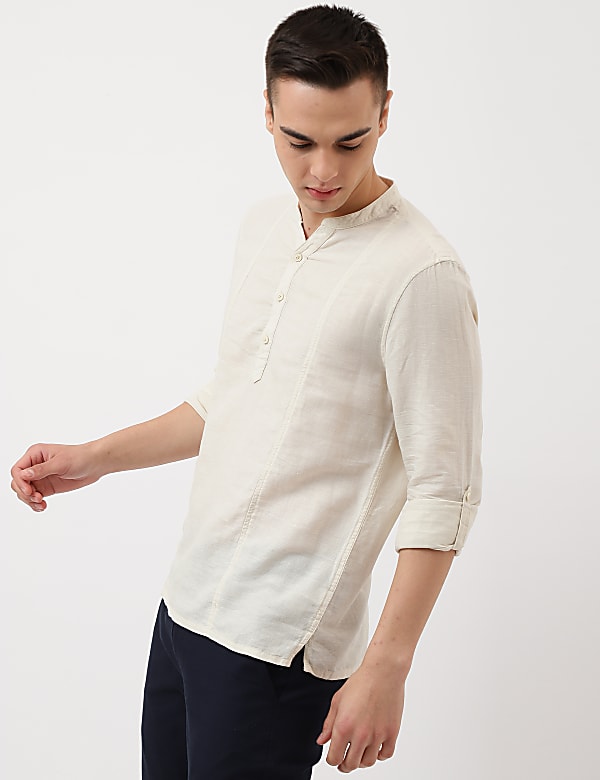 Linen Mix Plain Mandarin Collar Shirt