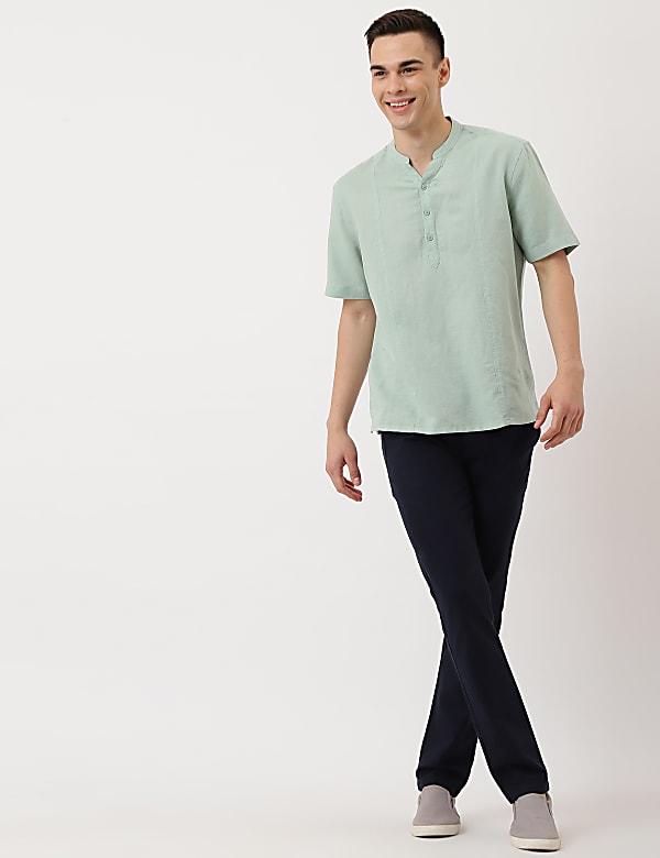 Linen Mix Plain Mandarin Collar Shirt