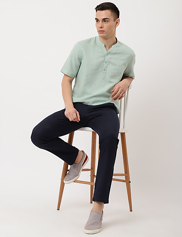 Linen Mix Plain Mandarin Collar Shirt
