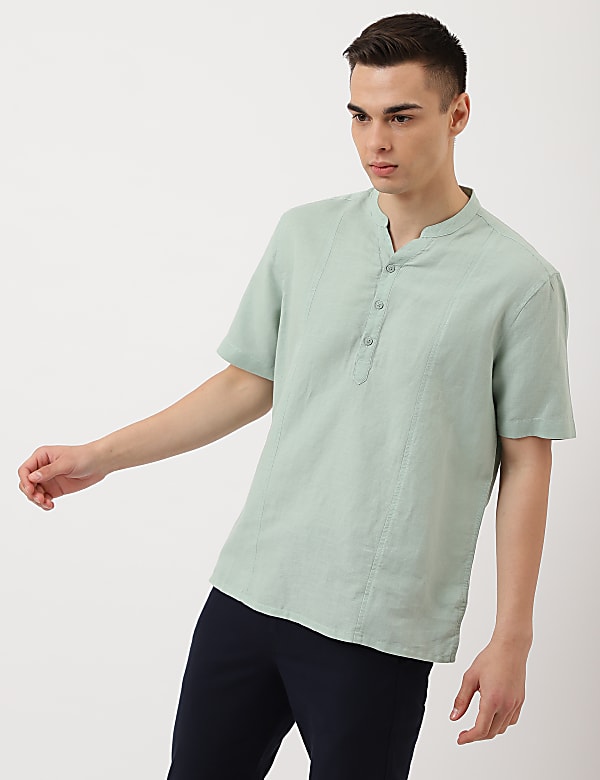 Linen Mix Plain Mandarin Collar Shirt