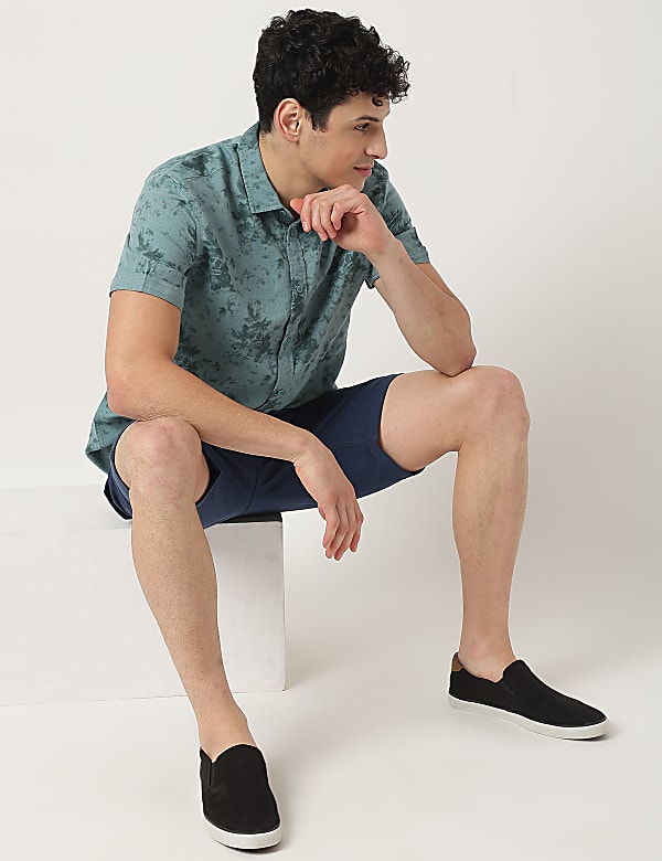 Linen Mix Floral Spread Collar Casual Shirt