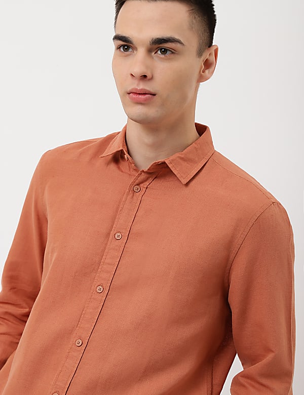 Linen Mix Plain Spread Collar Shirt