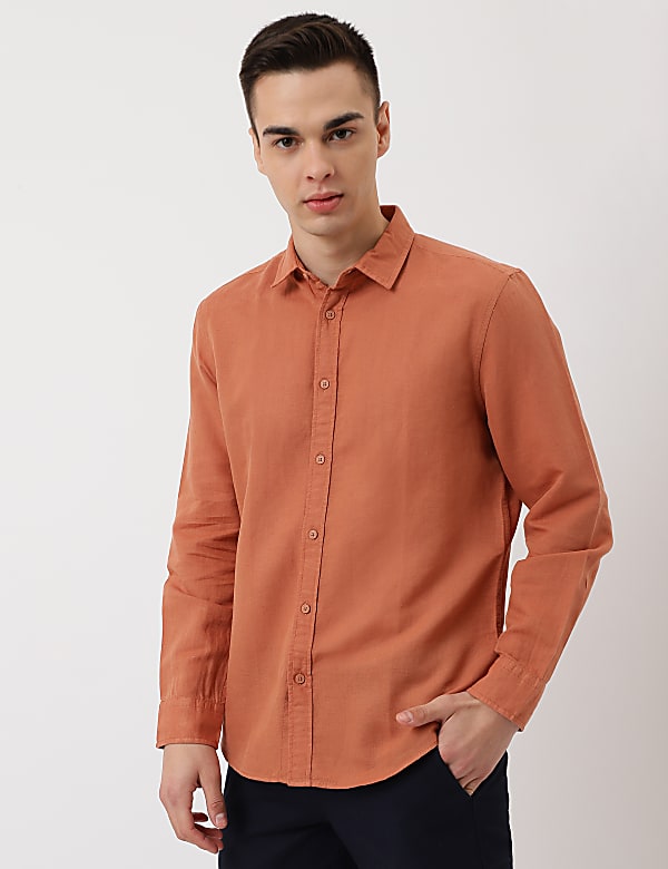 Linen Mix Plain Spread Collar Shirt