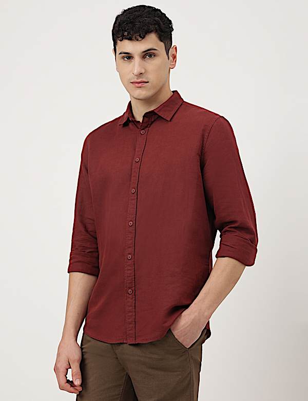 Linen Mix Plain Spread Collar Shirt