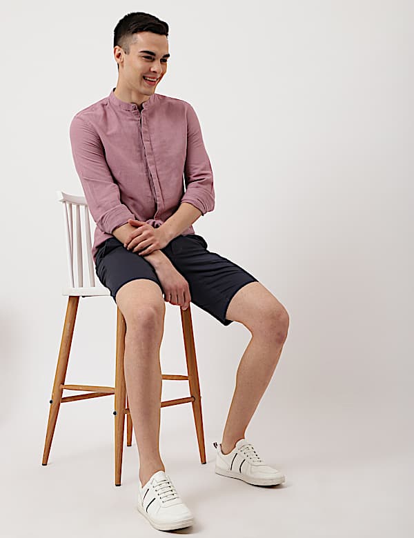 Linen Mix Plain Mandarin Collar Shirt