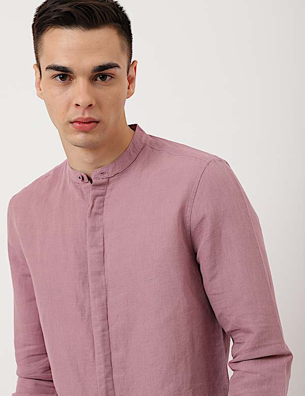 Linen Mix Plain Mandarin Collar Shirt