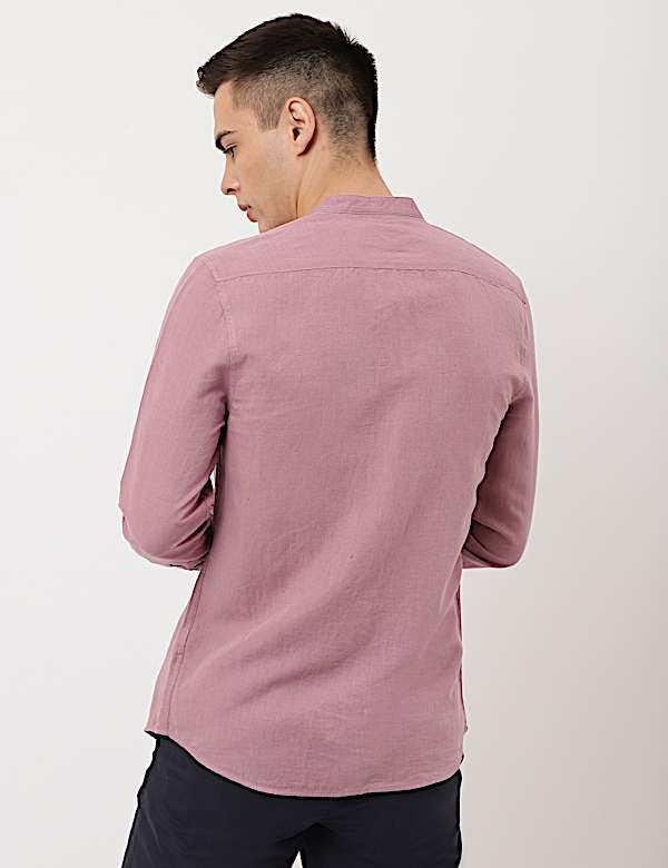 Linen Mix Plain Mandarin Collar Shirt
