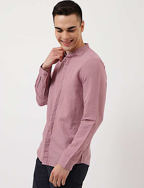 Linen Mix Plain Mandarin Collar Shirt