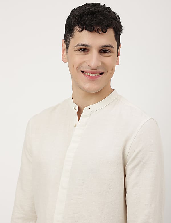 Linen Mix Plain Mandarin Collar Shirt