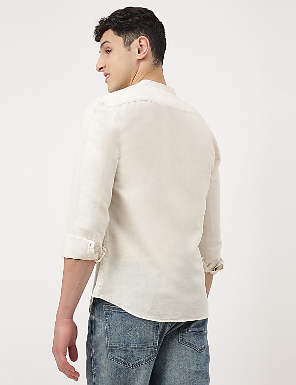 Linen Mix Plain Mandarin Collar Shirt