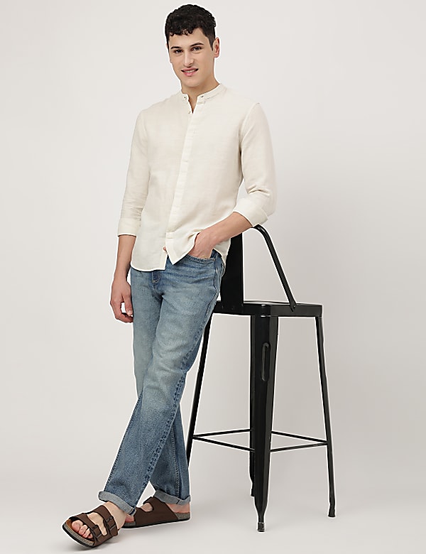 Linen Mix Plain Mandarin Collar Shirt