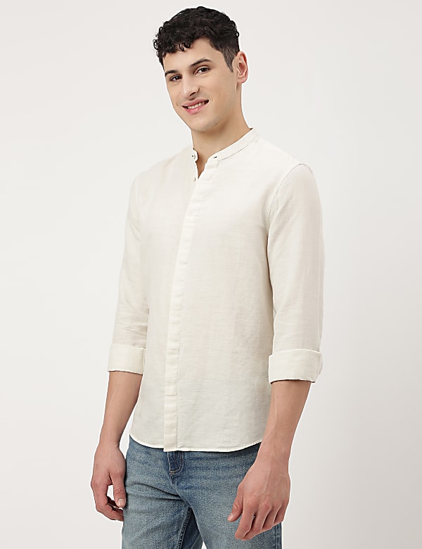 Linen Mix Plain Mandarin Collar Shirt