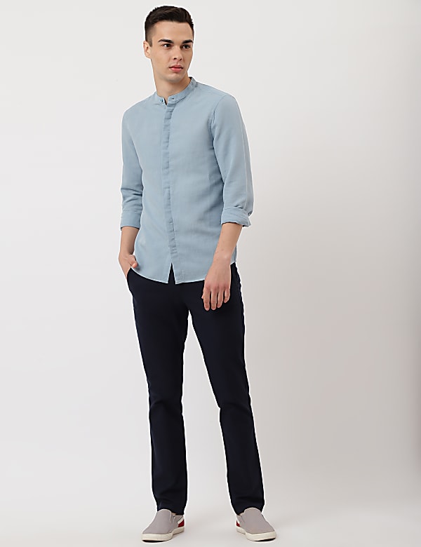 Linen Mix Plain Mandarin Collar Shirt