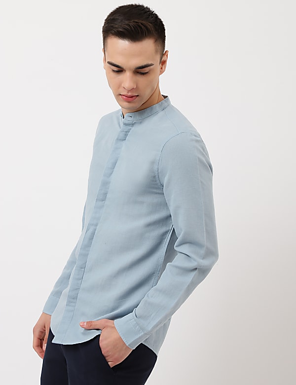Linen Mix Plain Mandarin Collar Shirt