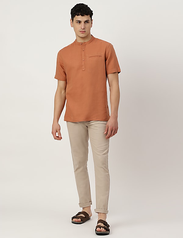 Linen Mix Plain Mandarin Collar Short Kurta