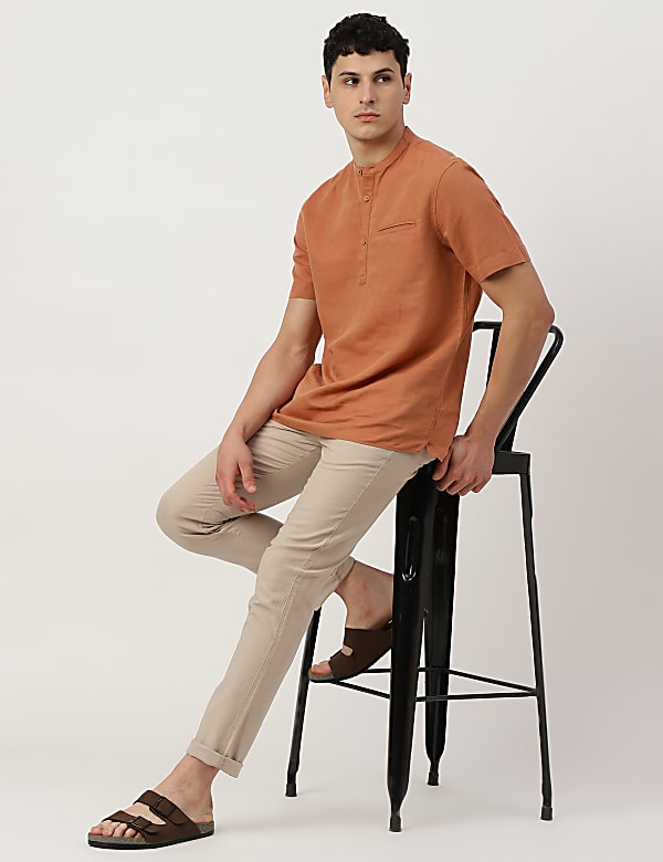 Linen Mix Plain Mandarin Collar Short Kurta