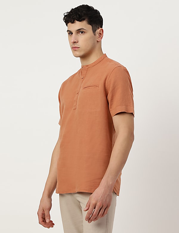 Linen Mix Plain Mandarin Collar Short Kurta