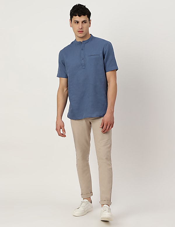 Linen Mix Plain Mandarin Collar Short Kurta
