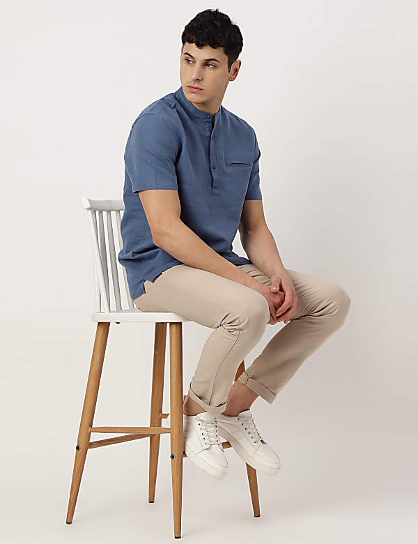 Linen Mix Plain Mandarin Collar Short Kurta